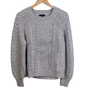 J Crew Gray Sequined Wool Blend Cable Knit Crew Pull Over Sweater Festive Small